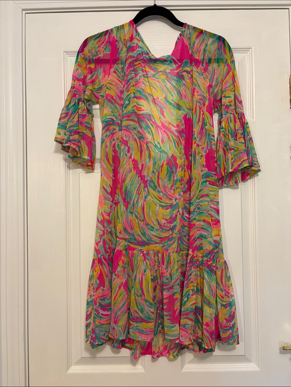 Lilly Pulitzer Bright Swirl Ruffle Midi Dress in Pink, Green, Yellow